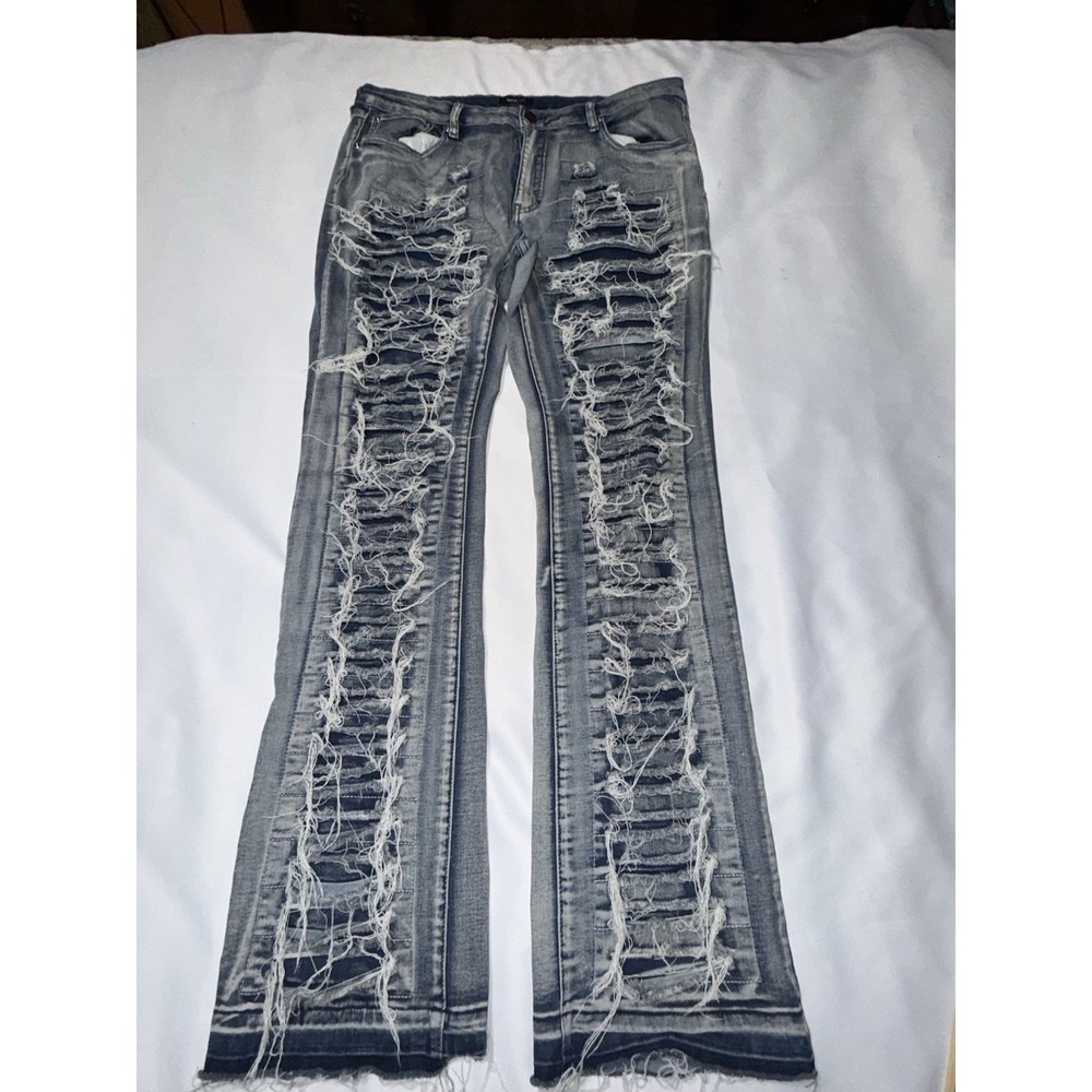 Nova Men Blue  Denim Jeans , Retro ,38 , Hip‎ Hop Streetwear Distressed Tattered